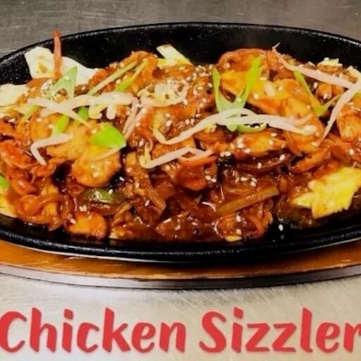 Korean Spicy Chicken Bulgogi Sizzler with Kimchi and Steam Rice
