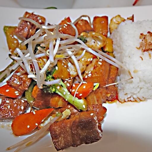 Stir Fry Pork Belly with Vegetables and Steam Rice